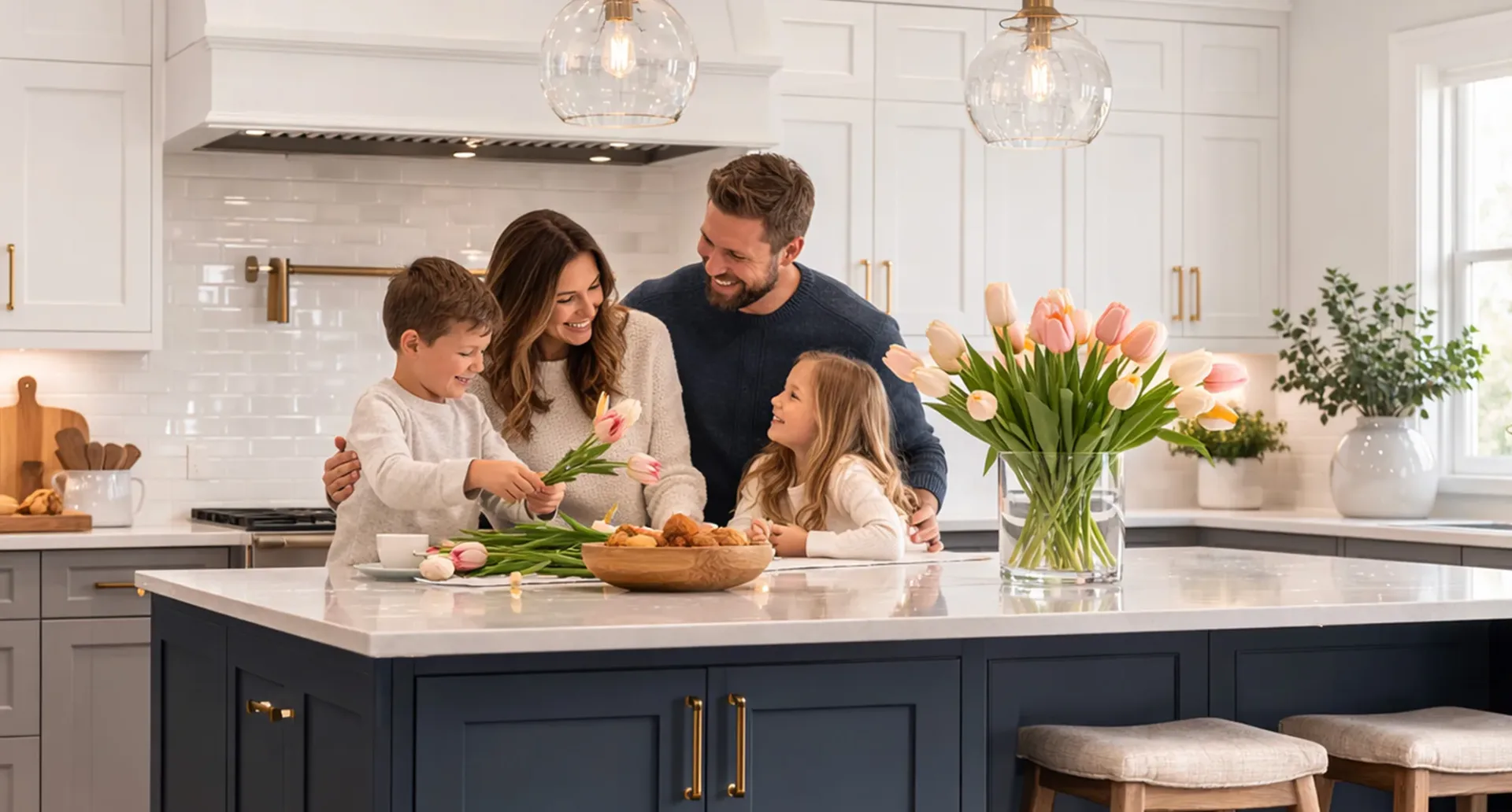 Family arranging tulips in their new KitchenSearch kitchen
