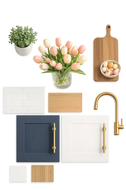 KitchenSearch moodboard: shaker door samples, brass faucet, subway tile and butcher block
